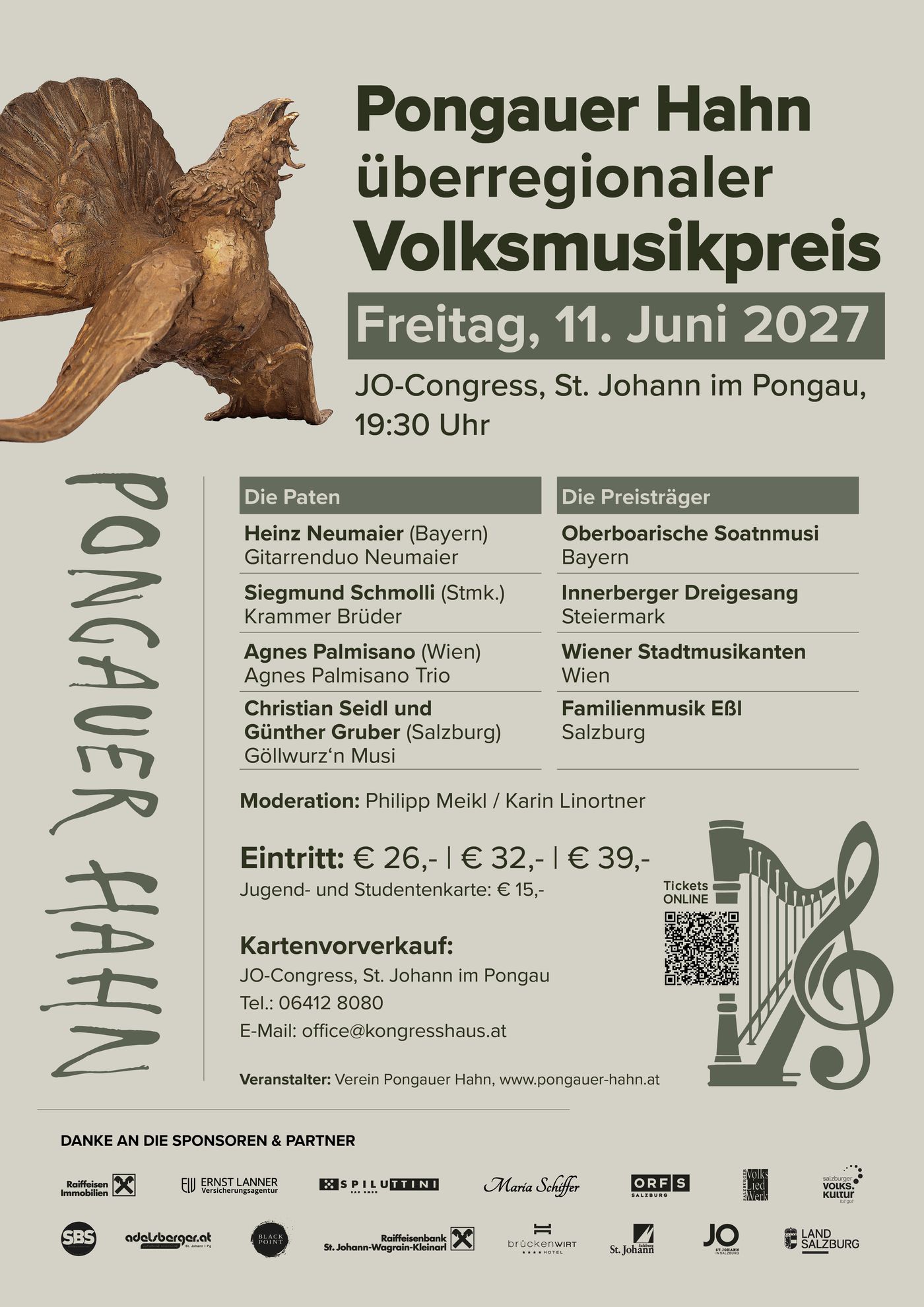Plakat Pongauer Hahn 2027, überregionaler Volksmusikpreis: Freitag, 11. Juni 2027, 19:30 Uhr, JO-Congress, St. Johann im Pongau